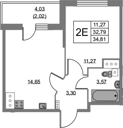 2Е-комнатная, 34.81 м²– 2