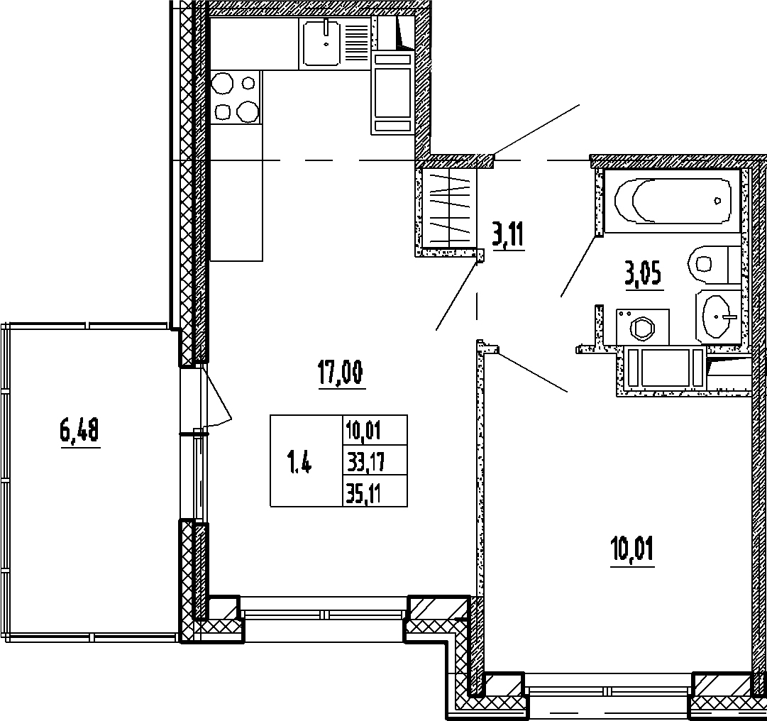 2Е-комнатная, 33.17 м²– 2