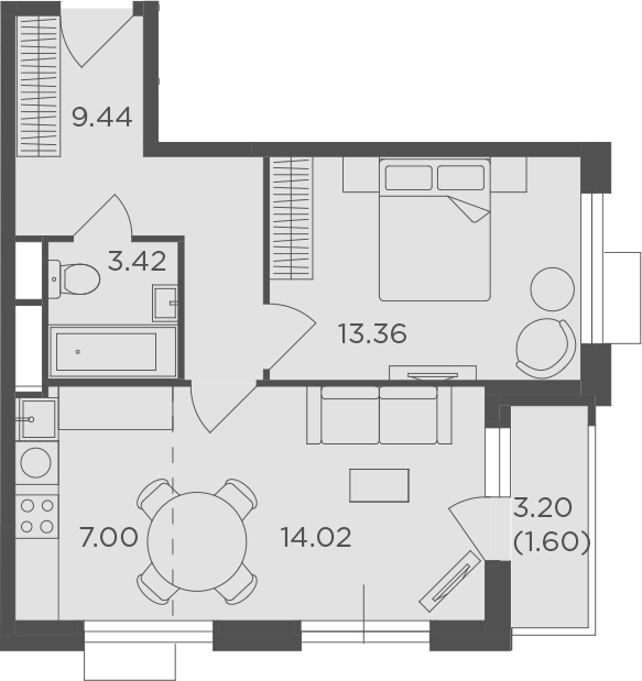 2Е-комнатная, 48.84 м²– 2
