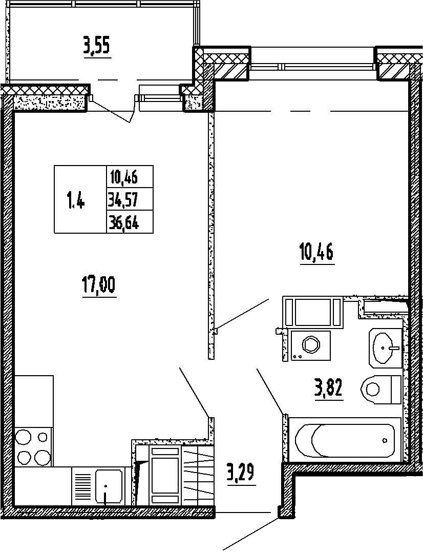 2Е-комнатная, 34.57 м²– 2