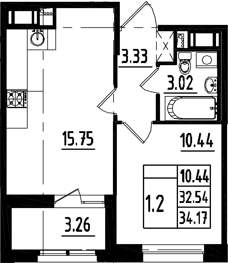2Е-комнатная, 32.54 м²– 2