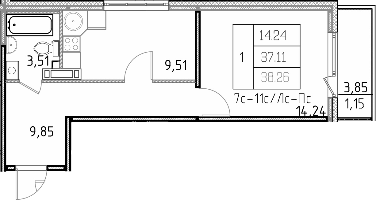 1-комнатная, 38.26 м²– 2