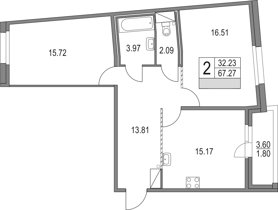 3Е-комнатная, 67.27 м²– 2