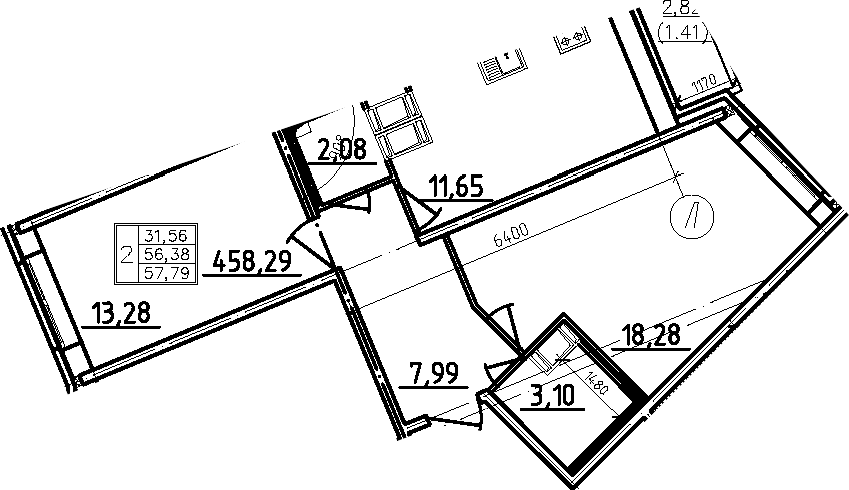 2-к.кв, 57.79 м², 16 этаж