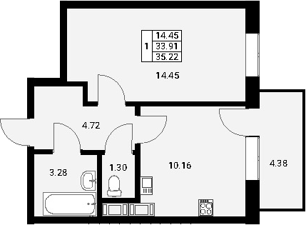 1-комнатная, 35.22 м²– 2