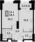 1-комнатная, 38.5 м²– 2