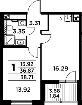 2Е-комнатная, 38.71 м²– 2