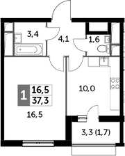 1-комнатная, 37.3 м²– 2