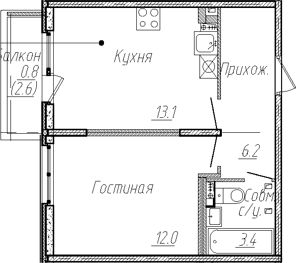 1-комнатная, 34.7 м²– 2