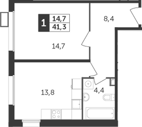 1-комнатная, 41.3 м²– 2