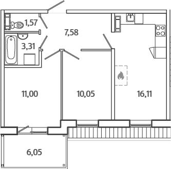 3Е-комнатная, 51.44 м²– 2