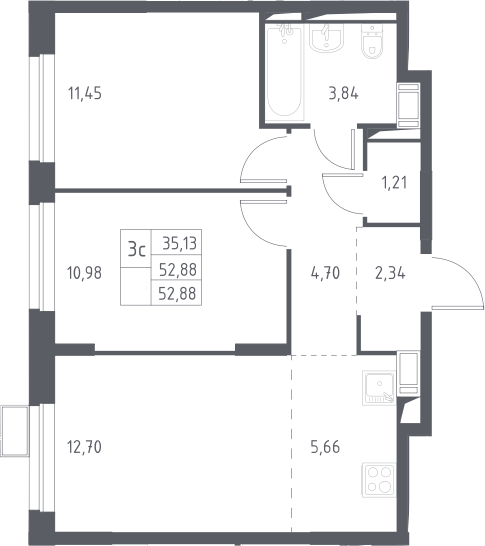 3Е-к.кв, 52.88 м², 8 этаж