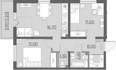 3Е-комнатная, 52.3 м²– 2