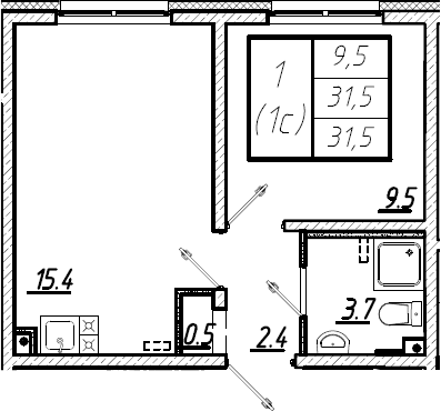 1-комнатная, 31.5 м²– 2