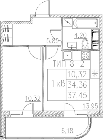 2Е-к.кв, 37.45 м², 5 этаж