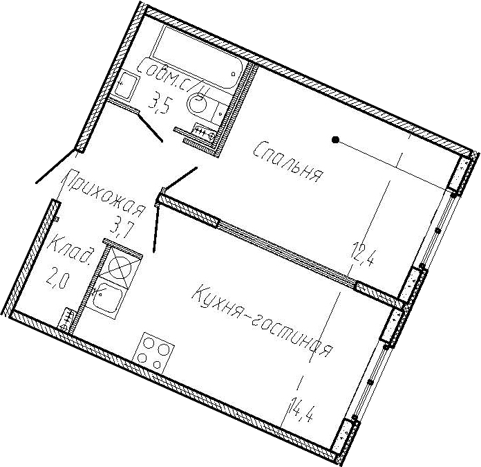 1-комнатная, 36 м²– 2