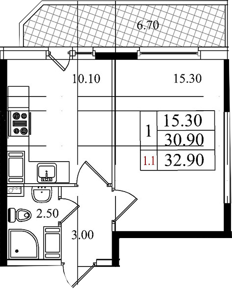 1-комнатная, 30.9 м²– 2
