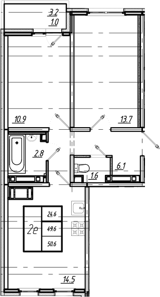 3Е-комнатная, 50.6 м²– 2