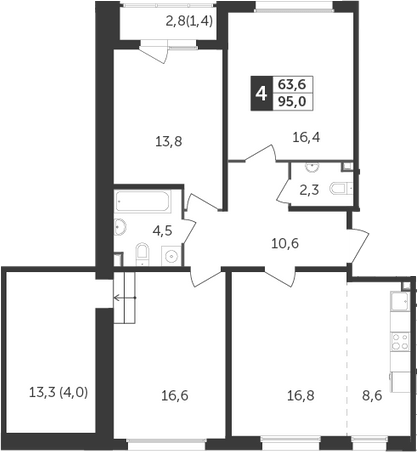 4Е-комнатная, 95 м²– 2