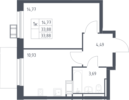 1-комнатная, 33.88 м²– 2