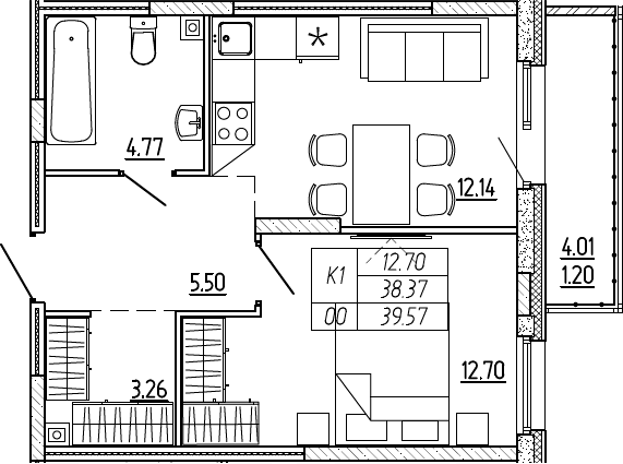 1-комнатная, 39.57 м²– 2