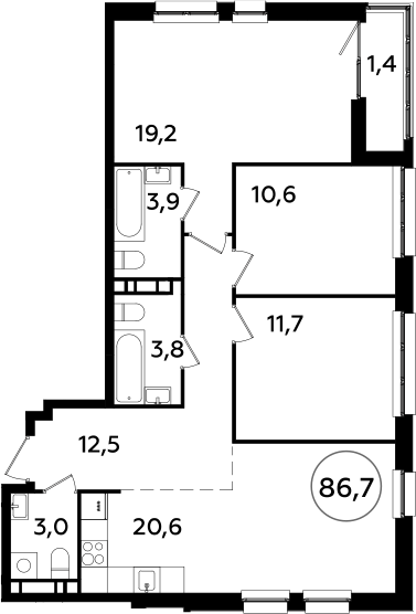 4Е-комнатная, 86.7 м²– 2