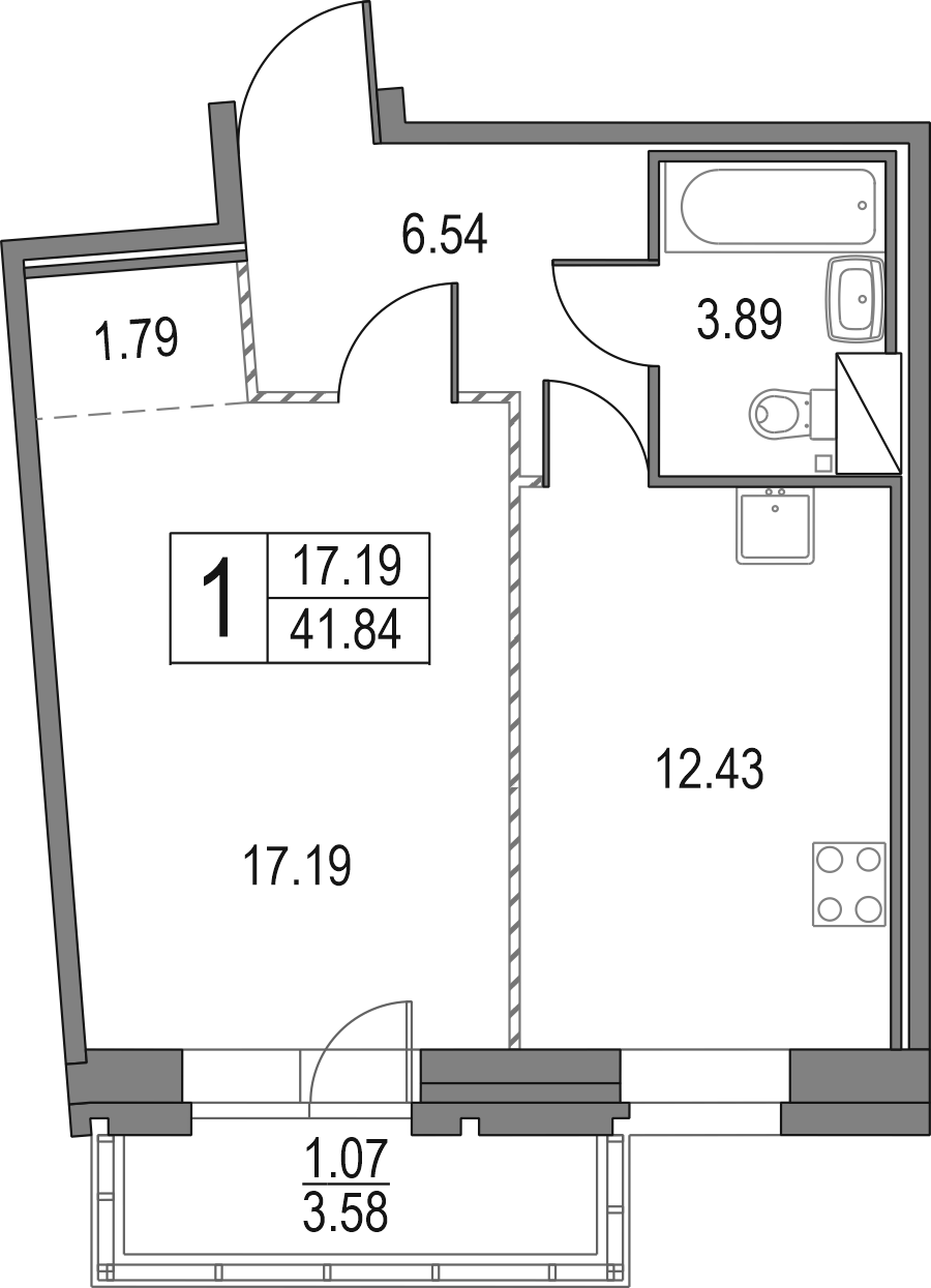 1-комнатная, 41.84 м²– 2