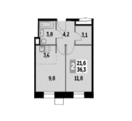 1-комнатная, 36.3 м²– 2