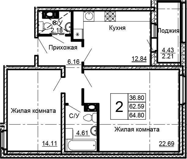 2-комнатная, 64.8 м²– 2