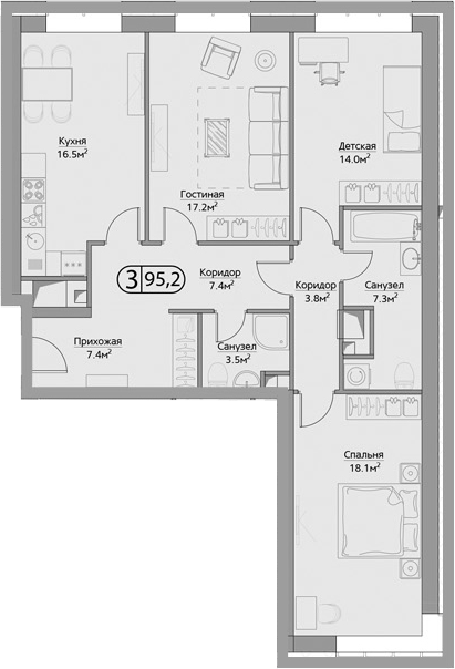 3-комнатная, 95.2 м²– 2
