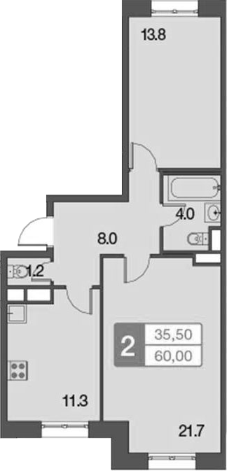 2-комнатная, 60 м²– 2