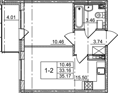 2Е-комнатная, 33.16 м²– 2