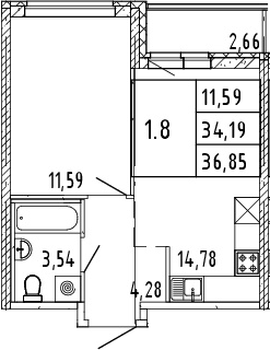 2Е-комнатная, 34.19 м²– 2