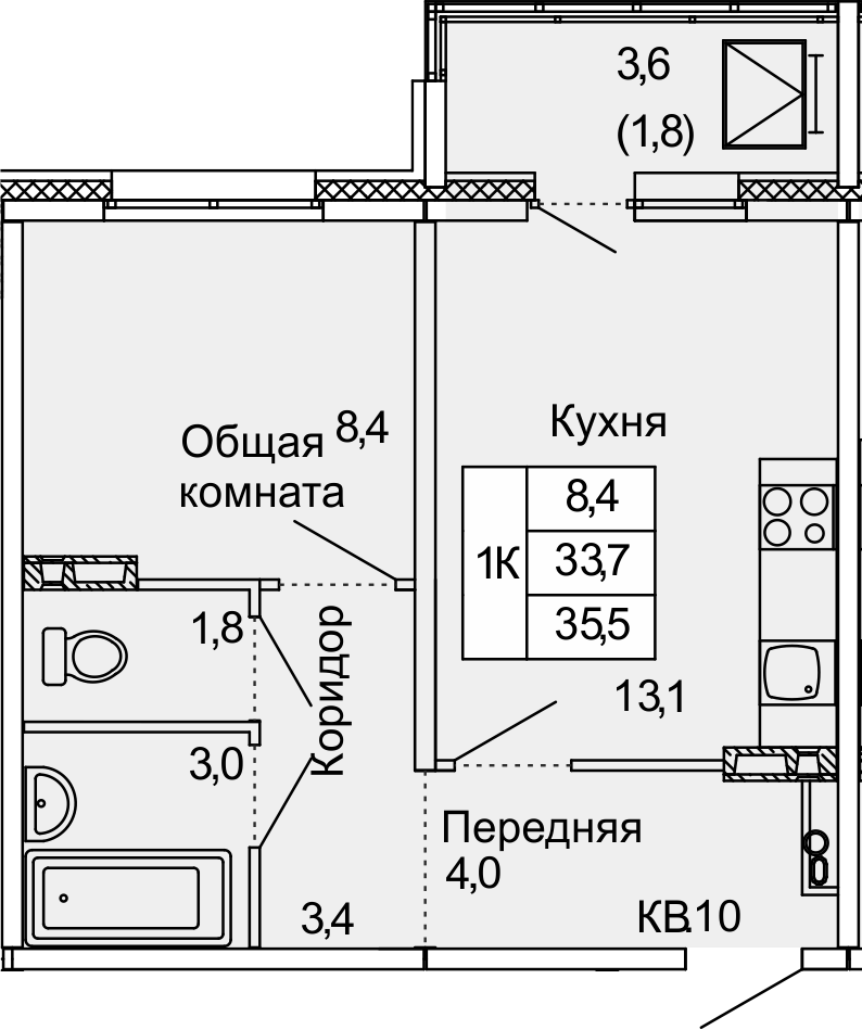 1-комнатная, 35.5 м²– 2