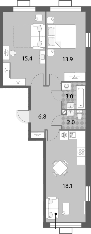 2-комнатная, 59.2 м²– 2