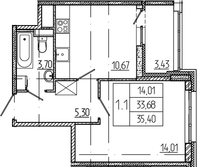 1-комнатная, 33.68 м²– 2