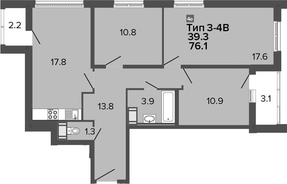 4Е-комнатная, 76.1 м²– 2