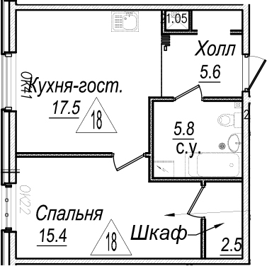 2Е-к.кв, 46.8 м², 5 этаж