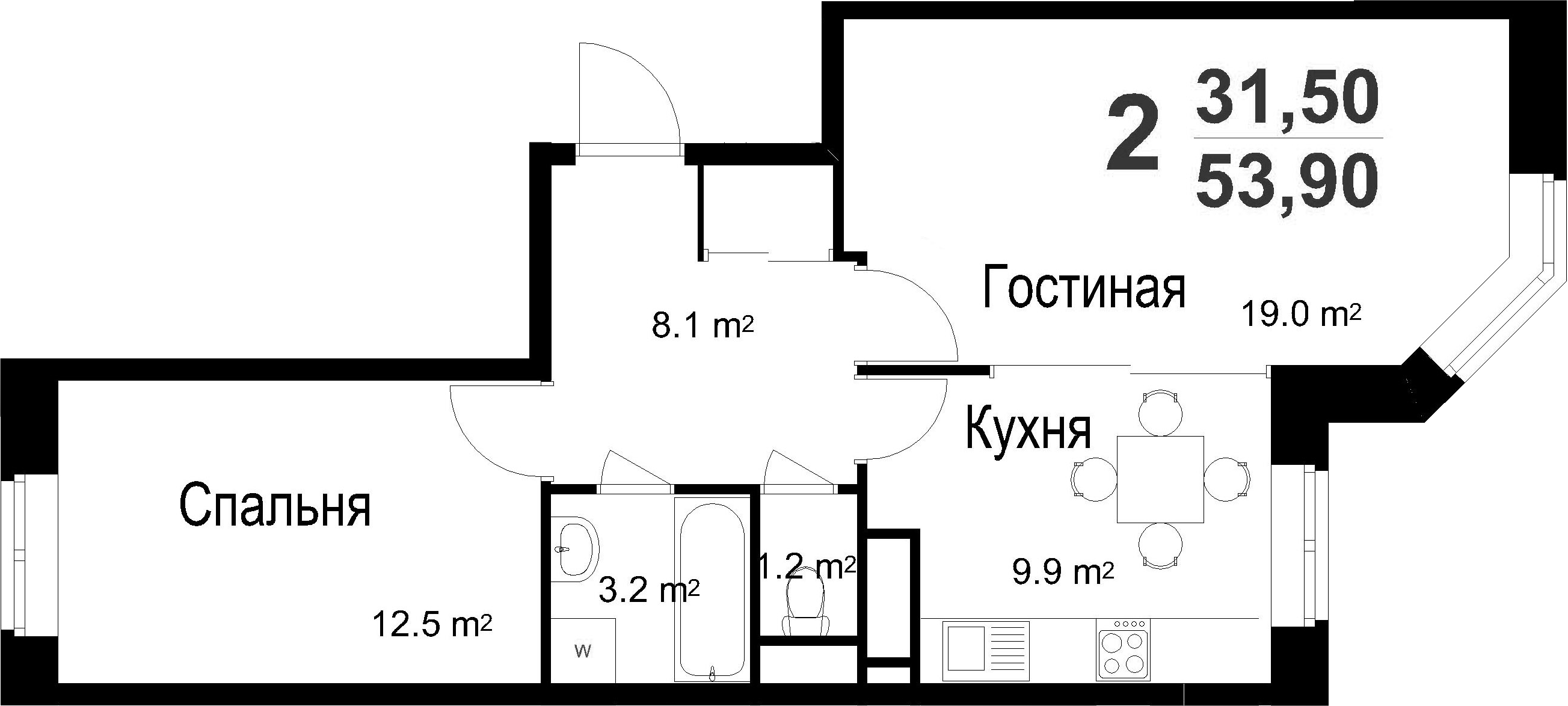 2-к.кв, 53.9 м²