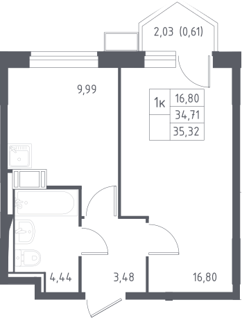 1-комнатная, 35.32 м²– 2