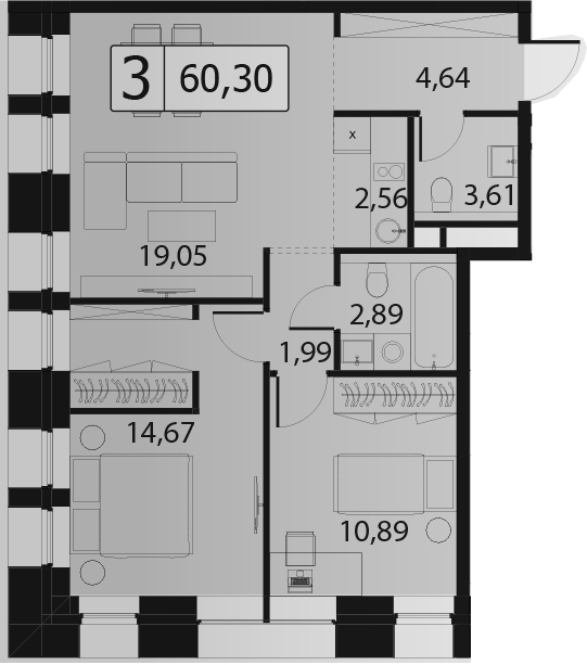 3Е-комнатная, 60.3 м²– 2