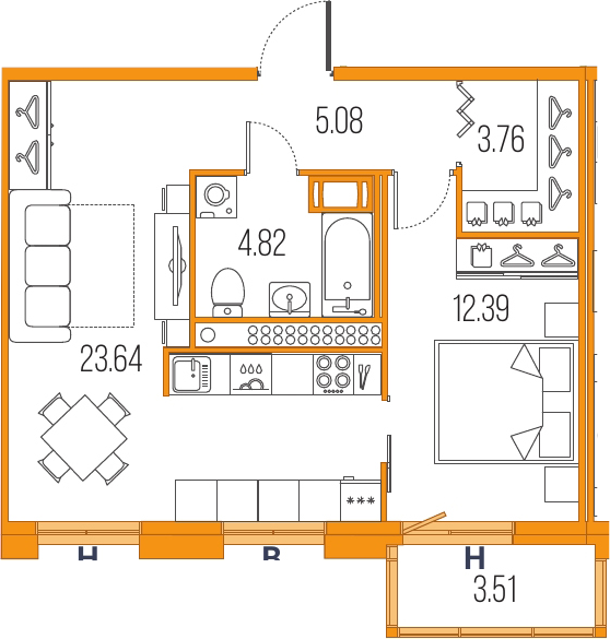 2Е-комнатная, 49.69 м²– 2