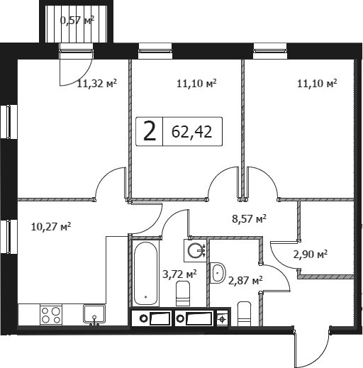 3-комнатная, 62.42 м²– 2