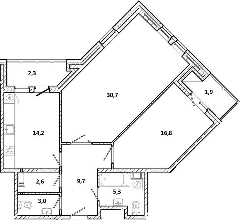 2-комнатная, 86.5 м²– 2