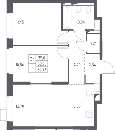 3Е-к.кв, 52.76 м², 3 этаж