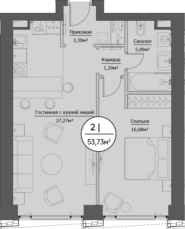 2Е-комнатная, 53.73 м²– 2