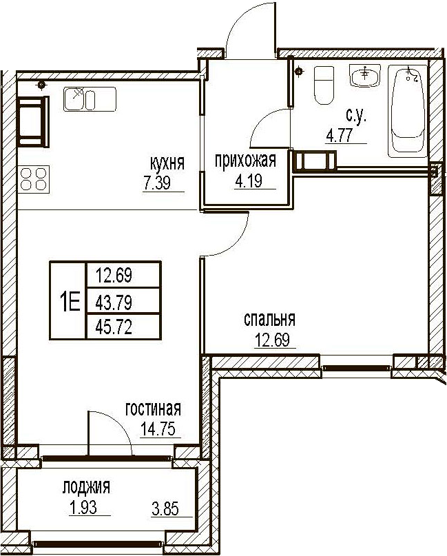 2Е-комнатная, 45.72 м²– 2