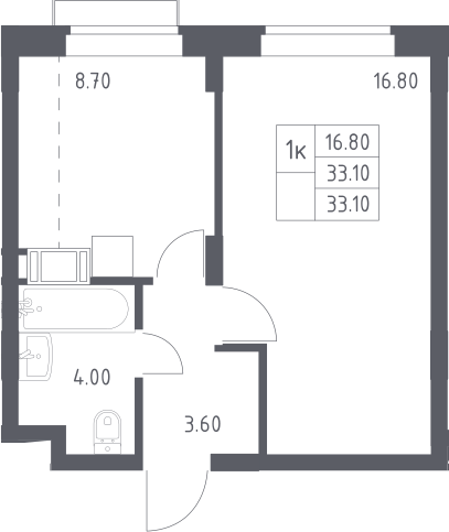 1-комнатная, 33.1 м²– 2