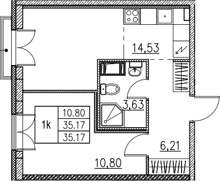 2Е-комнатная, 35.17 м²– 2