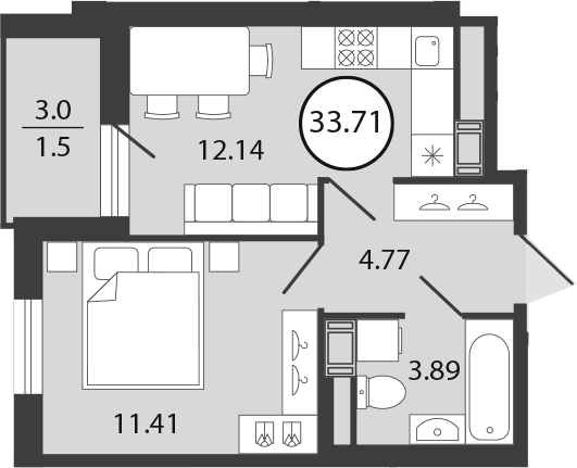 2Е-комнатная, 33.71 м²– 2